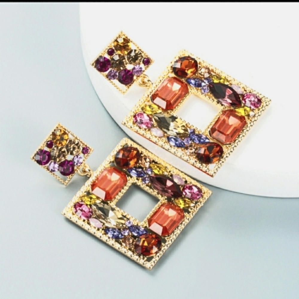 Orange/Multi-Color Rhinestone Geometric Statement Earrings - Picture 6 of 10